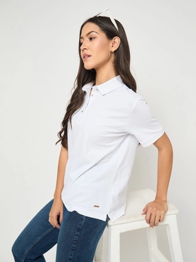 EcoConscious Processing Madame Cotton Blend Solid White Polo T-shirt