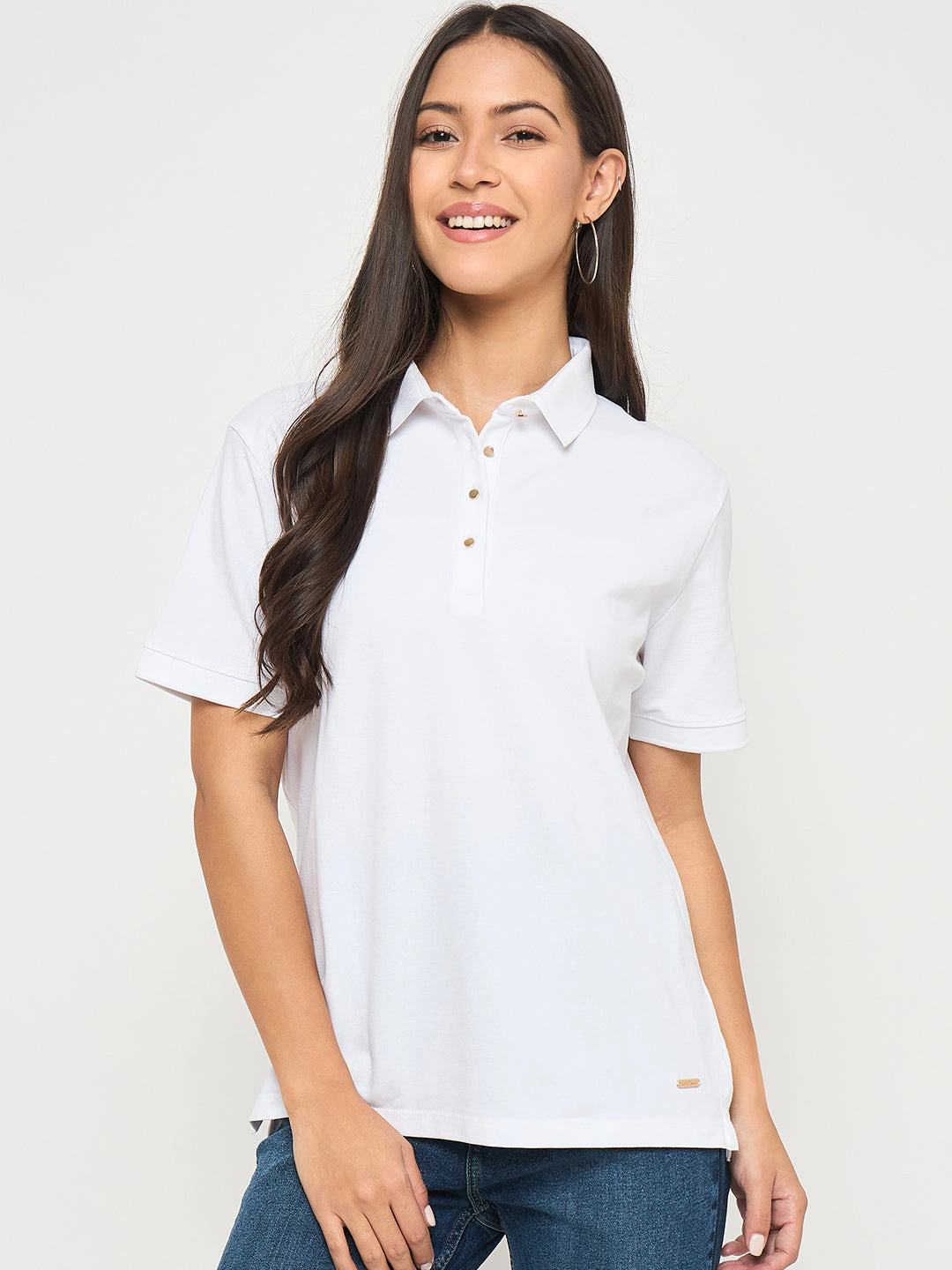 Madame Cotton Blend Solid White Polo T-shirt Everyday Essential Active Trend Look