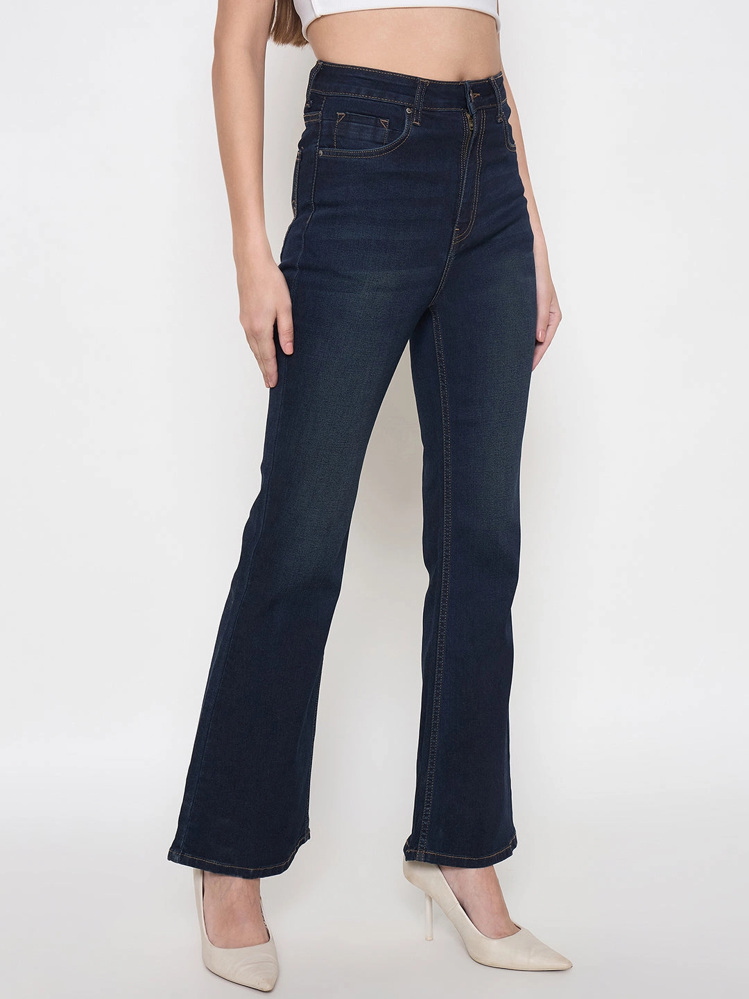 Madame Cotton Blend Stone Wash Mid Night Blue Flared Denim Jeans Stretch Unisex Wear Classic Wear