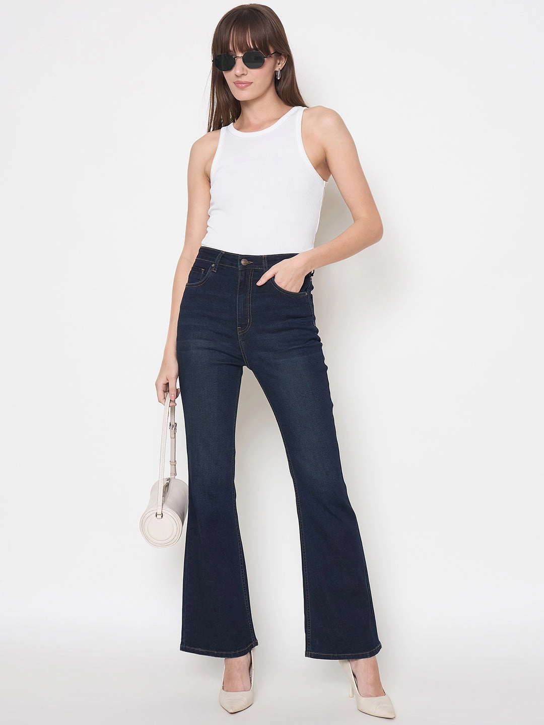 Madame Cotton Blend Stone Wash Mid Night Blue Flared Denim Jeans Cool And Simple Traveler Gear Earthy