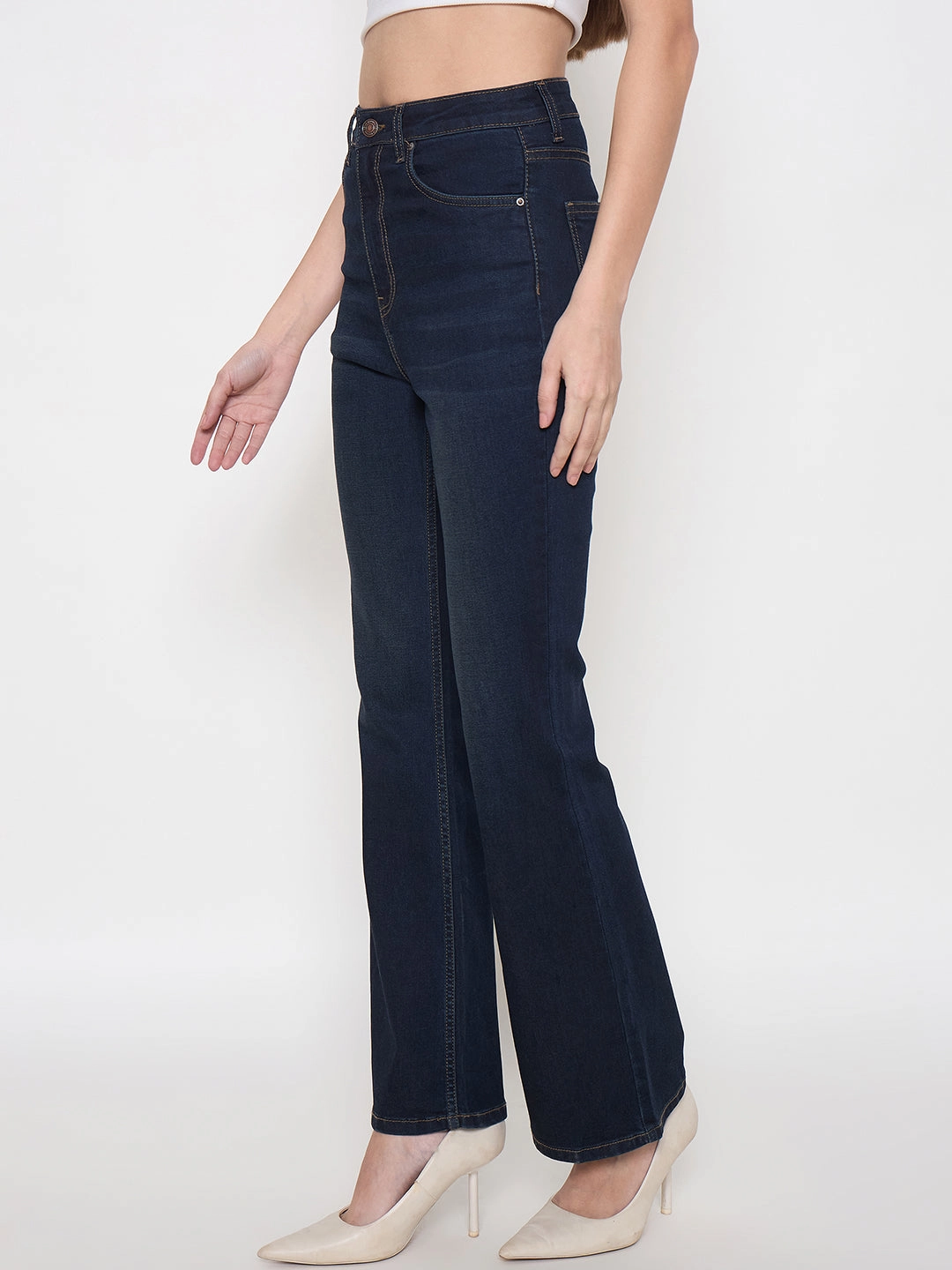 Madame Cotton Blend Stone Wash Mid Night Blue Flared Denim Jeans Always Stylish Standard Piece
