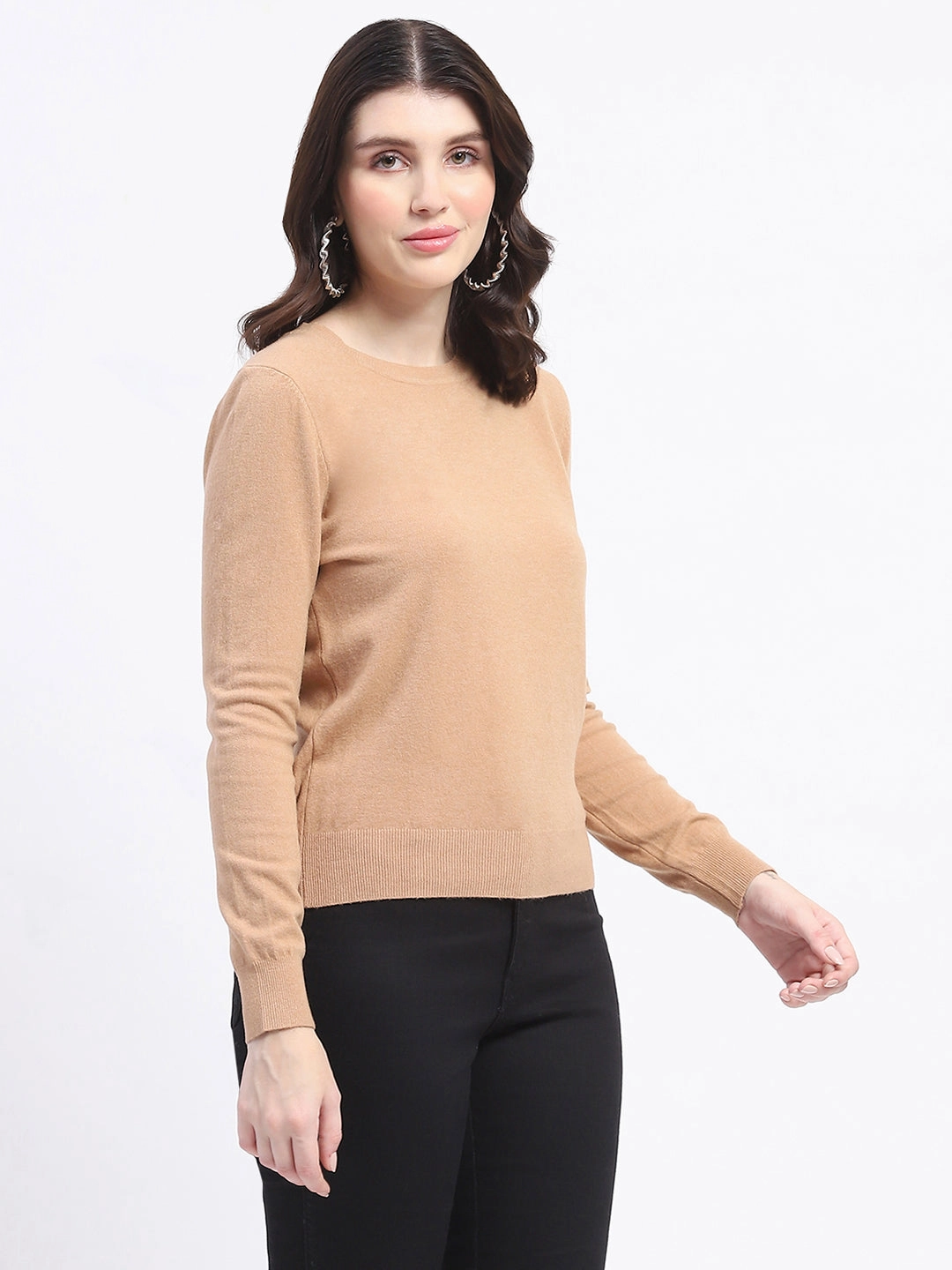 Stretch Knit Relaxed Neckline Madame Crew Neck Brown Sweater