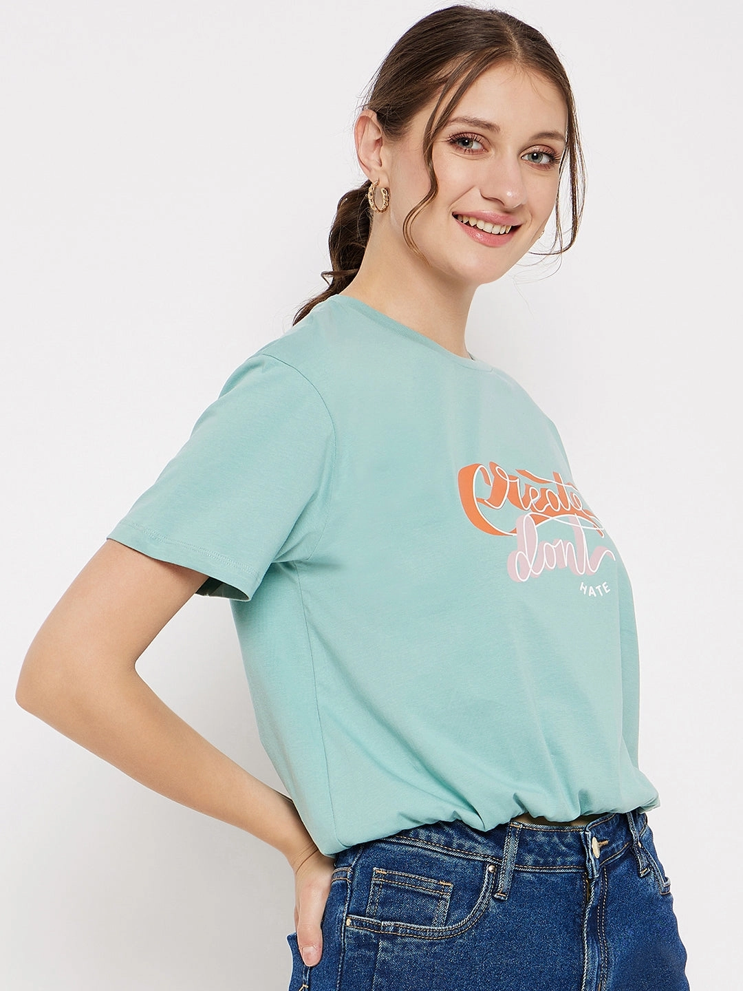 Madame Crew Neck Green Printed T-Shirt NoSideSeams Trendy Fabric