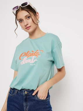comfortable top Madame Crew Neck Green Printed T-Shirt