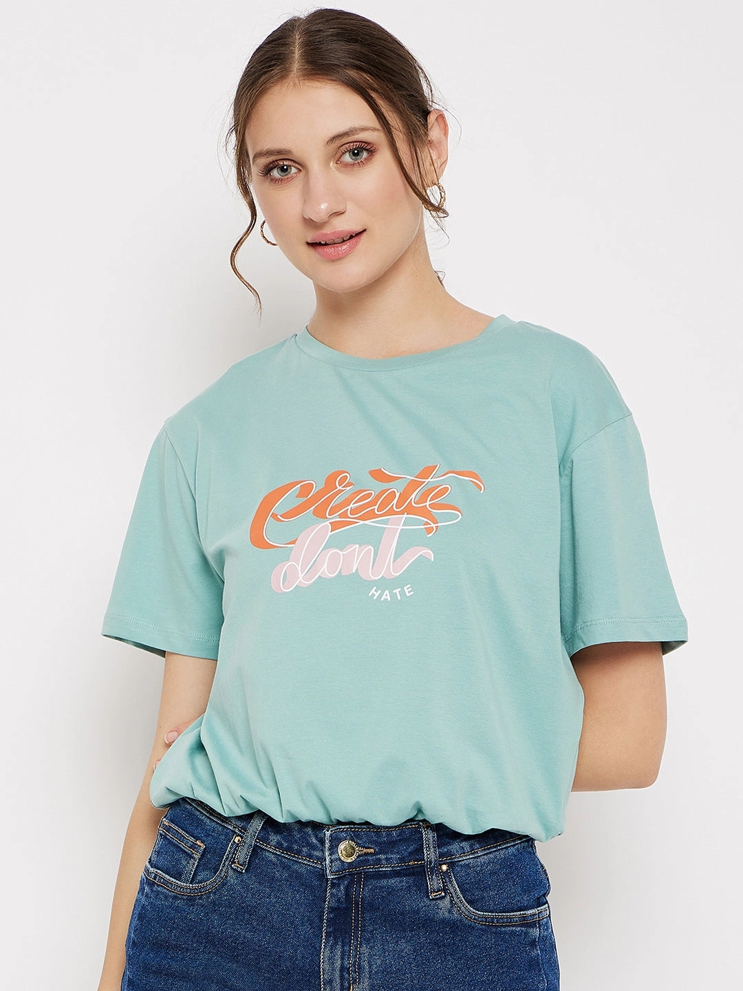 Tagless Design Madame Crew Neck Green Printed T-Shirt