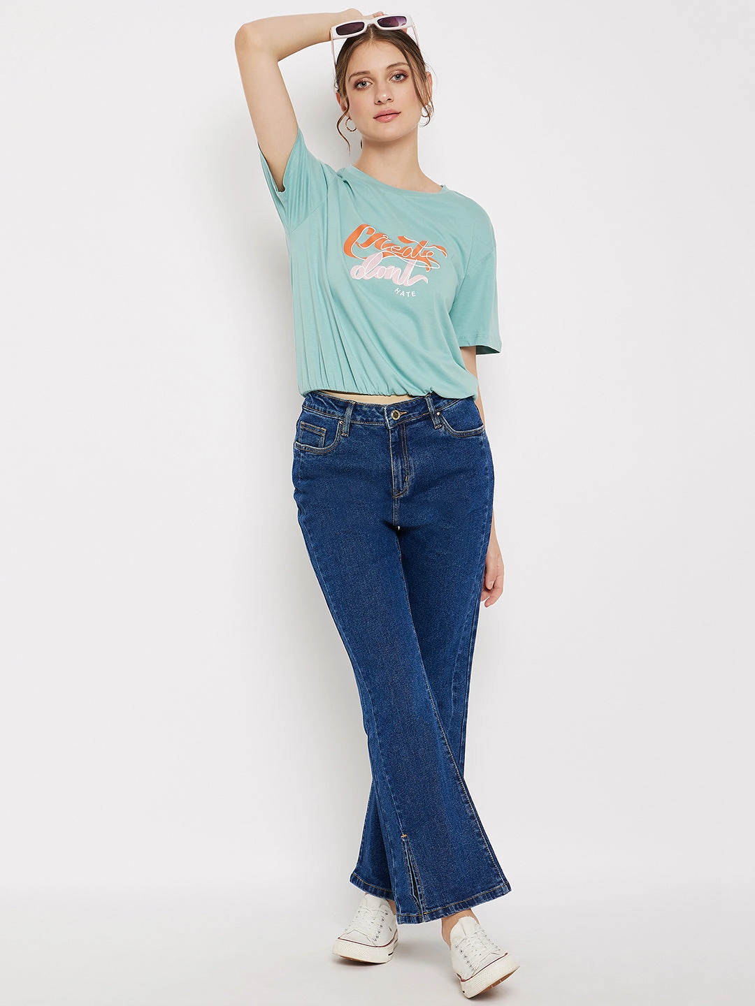 Madame Crew Neck Green Printed T-Shirt Trendy Look