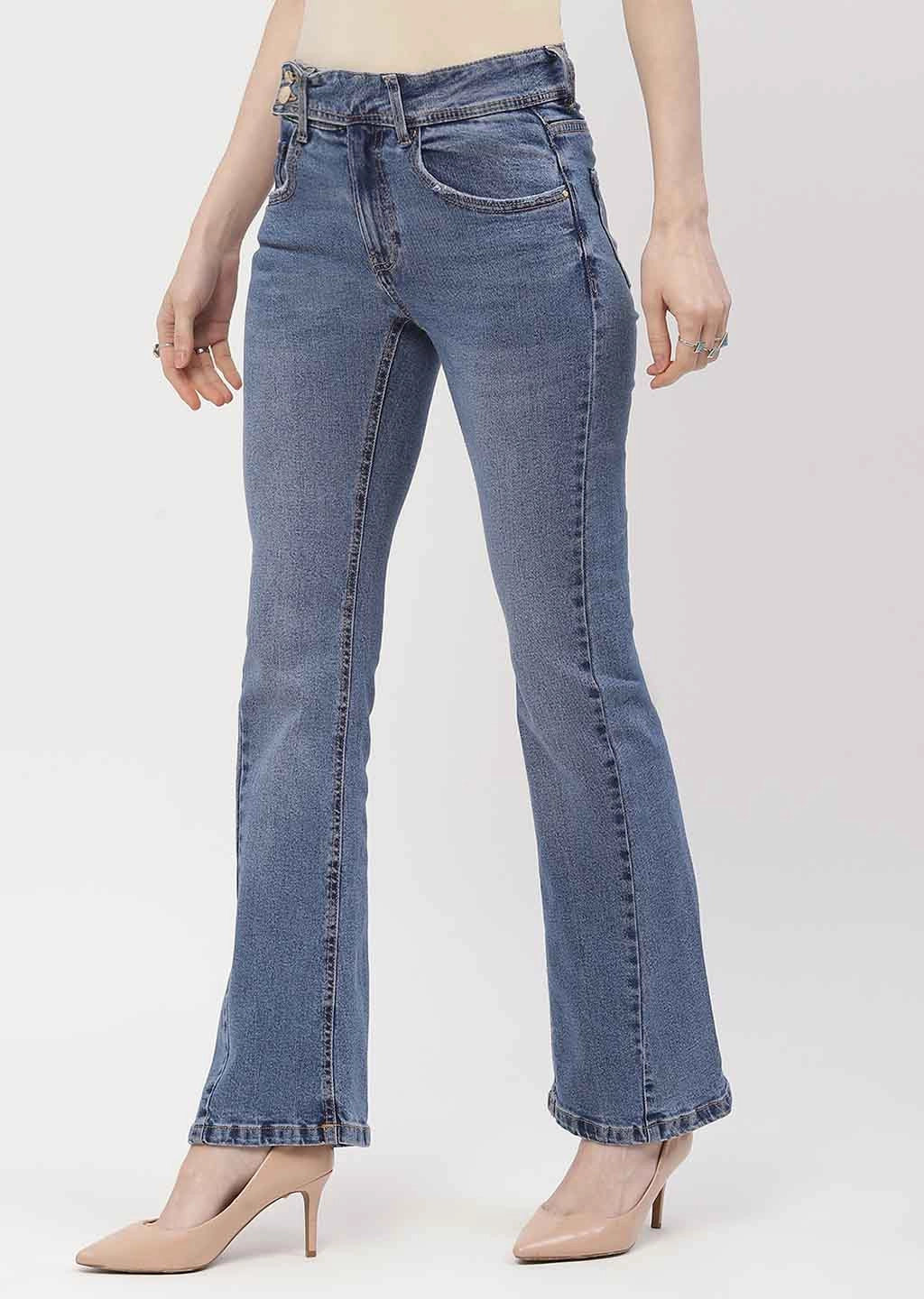 Madame Cut Seam Dark Blue Flared Jeans Classic Wear Street Fashion