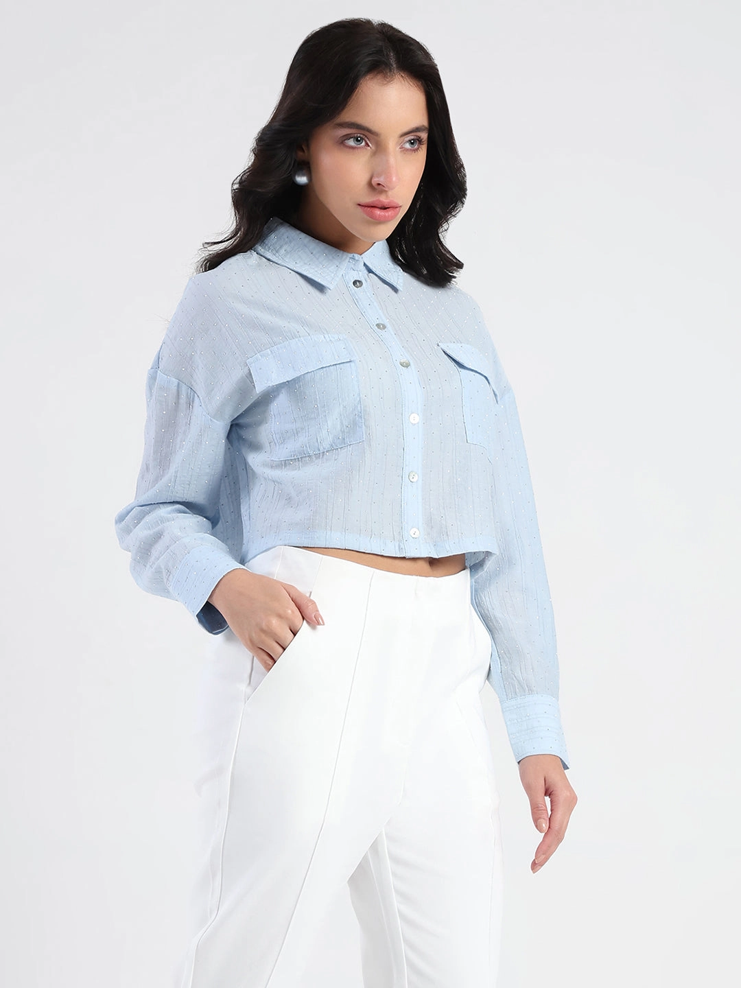 Madame D-Ring Straps Shimmer Detail Ice Blue Shirt All-Day Wear