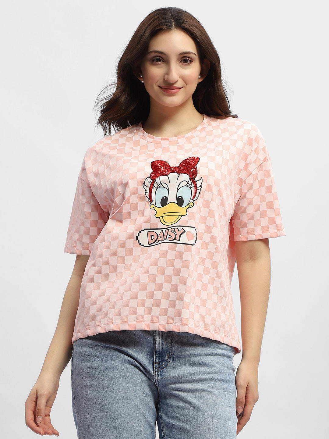 Multi Panel Structure Madame Disney Donald Duck Pink Cotton T-Shirt