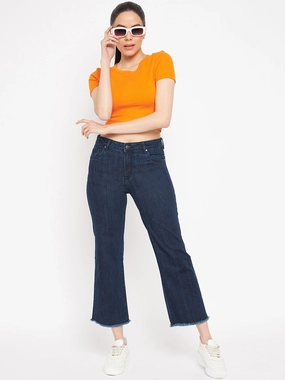 Madame Distressed Hem Solid Blue Denim Earthy Modern Minimalist Office Wear Everyday Confidence
