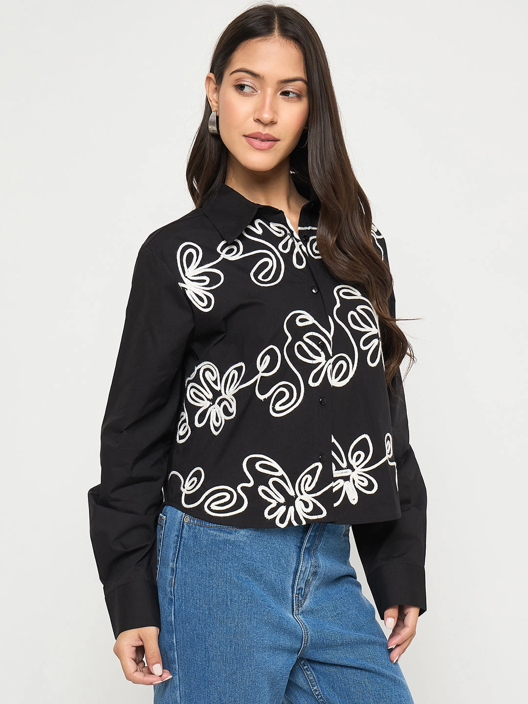 Madame Dori Embroidered Black Cotton Shirt holiday season Multipocket Style