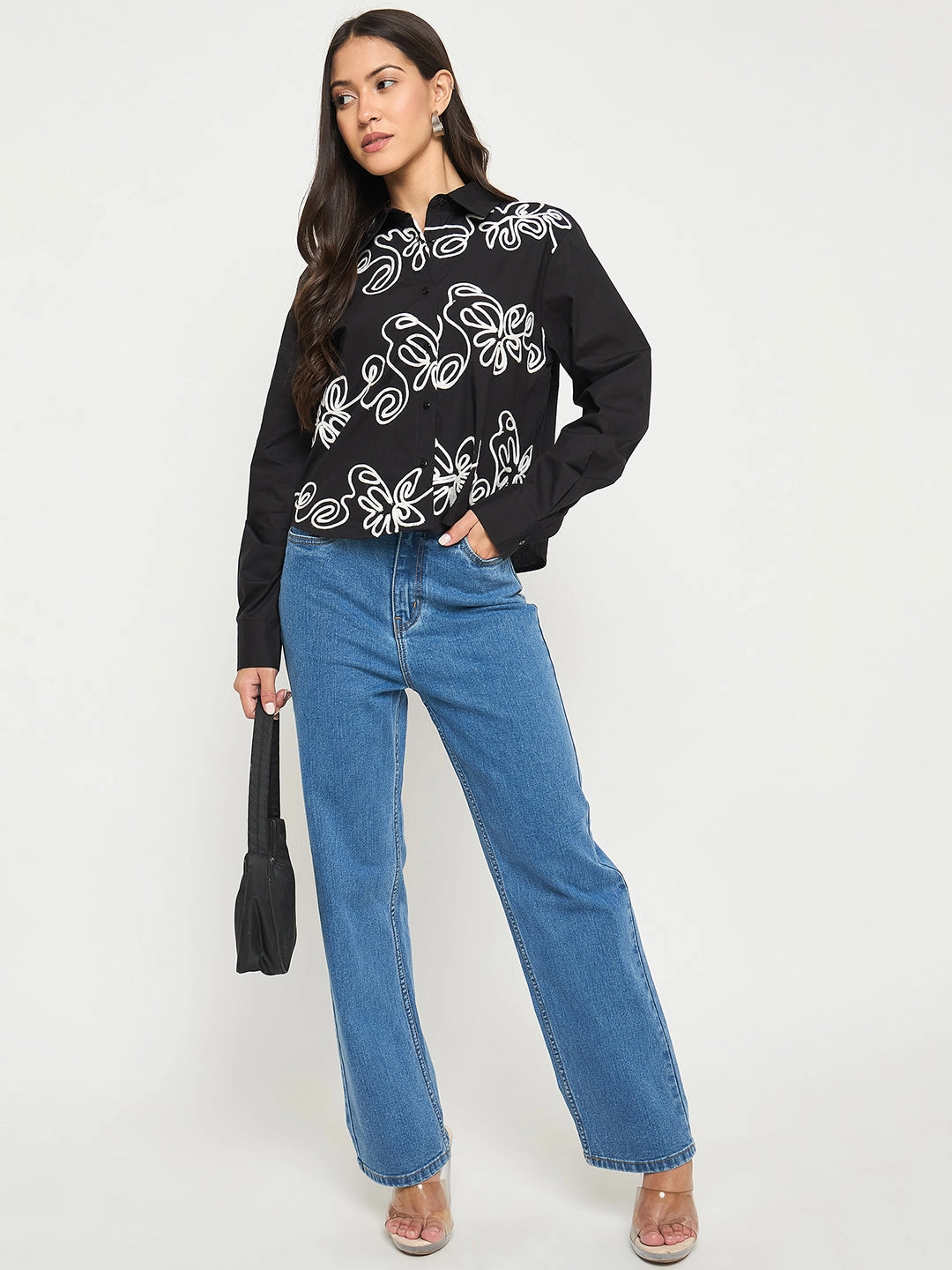 Madame Dori Embroidered Black Cotton Shirt Customizable Design Work Appropriate