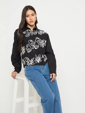 Madame Dori Embroidered Black Cotton Shirt Friends Meetup Social Meetup