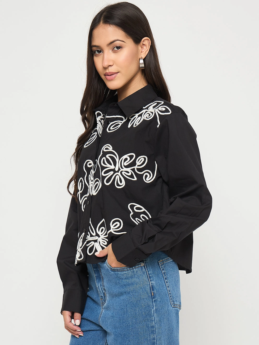 crew neck Madame Dori Embroidered Black Cotton Shirt