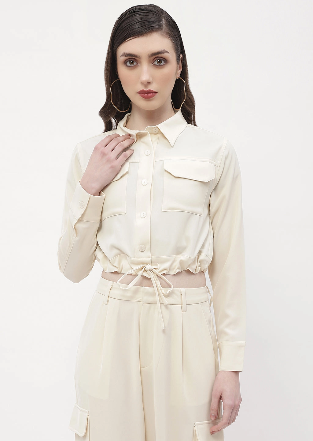 Madame Drawstring Waist Beige Flap Pocket Crop Shirt Errand Ready