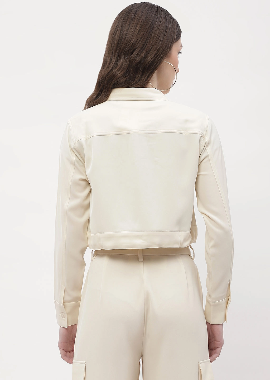 Breathable Comfort Madame Drawstring Waist Beige Flap Pocket Crop Shirt