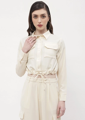 Madame Drawstring Waist Beige Flap Pocket Crop Shirt Errand Ready
