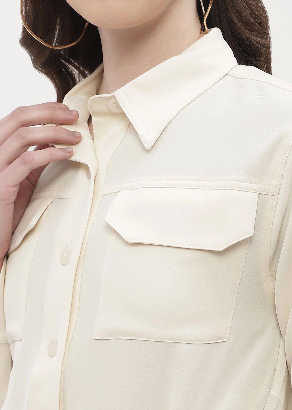 Madame Drawstring Waist Beige Flap Pocket Crop Shirt Cozy Layer