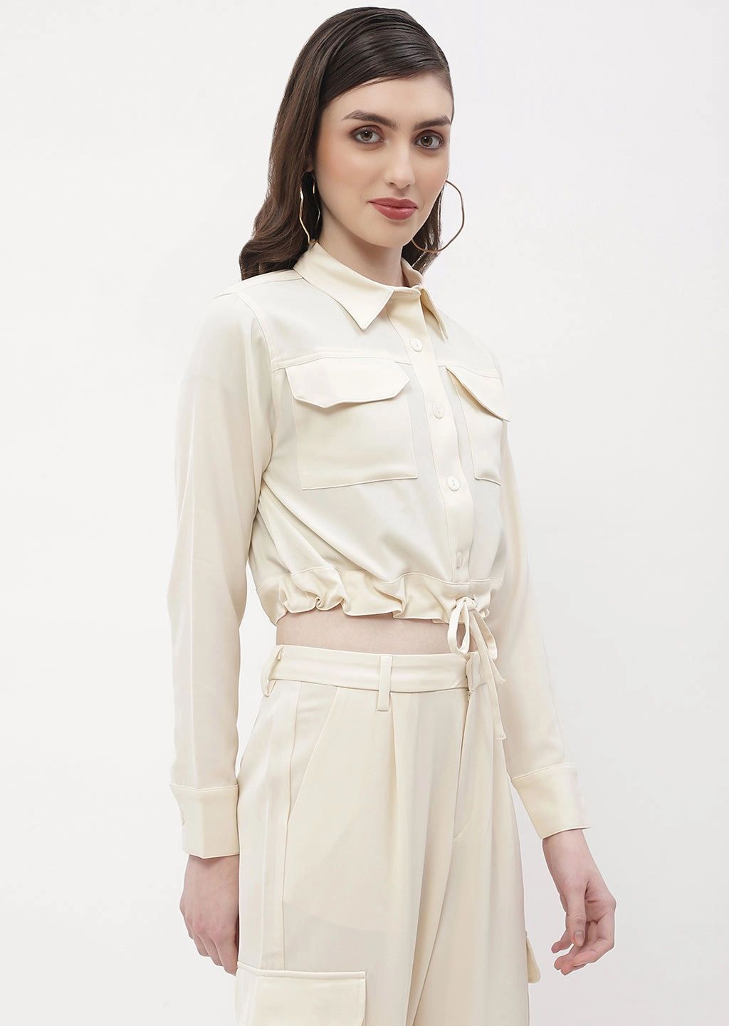 Madame Drawstring Waist Beige Flap Pocket Crop Shirt Casual Comfort Stylish Appearance