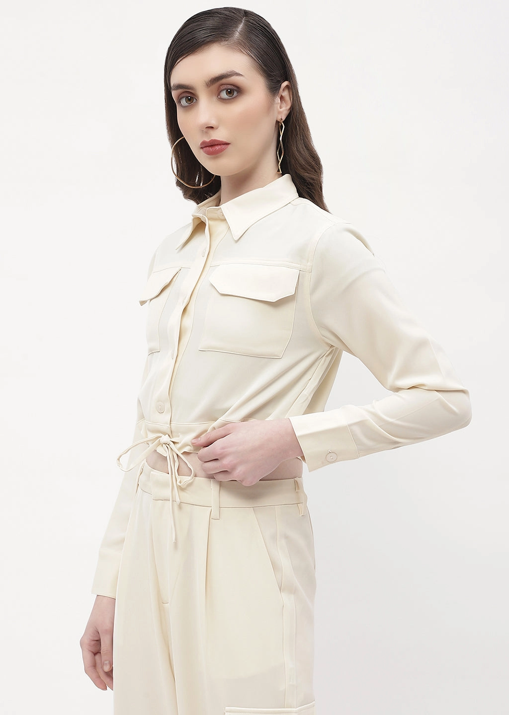 Madame Drawstring Waist Beige Flap Pocket Crop Shirt Short Sleeve Neutral Colors