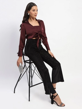 Winter Layering Madame Embellished Collar Front Knot Two Piece Maroon Crop Shirt