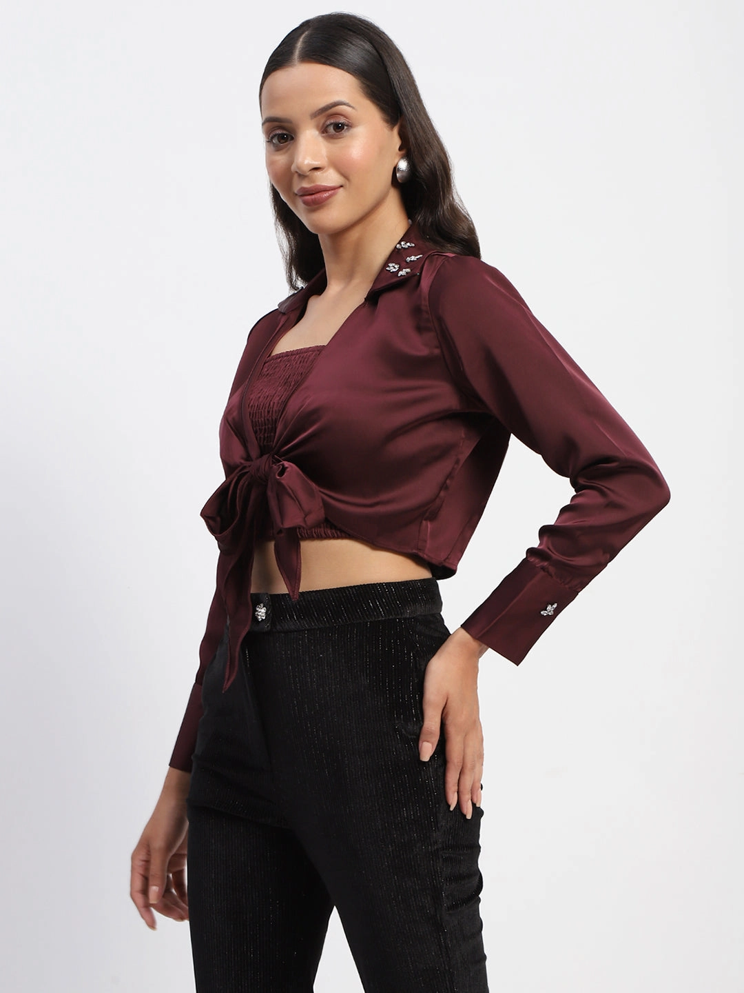 Military Inspired Madame Embellished Collar Front Knot Two Piece Maroon Crop Shirt