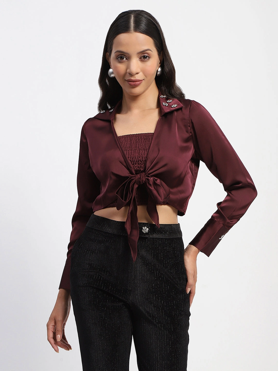 Affordable Luxury Madame Embellished Collar Front Knot Two Piece Maroon Crop Shirt