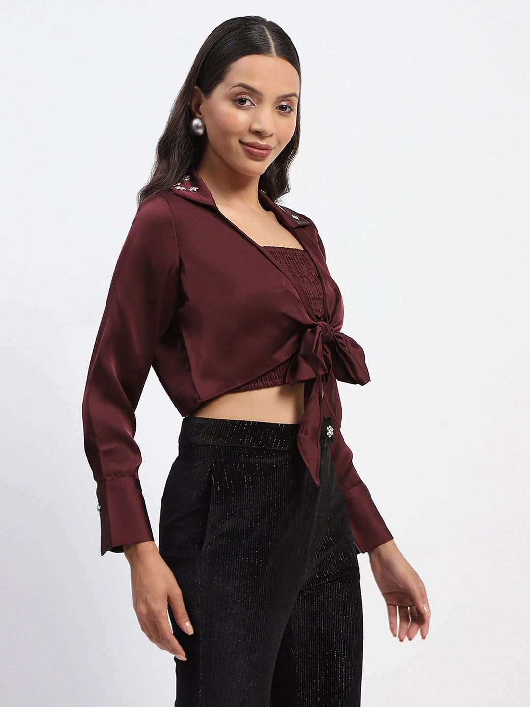 Madame Embellished Collar Front Knot Two Piece Maroon Crop Shirt Active Comfort Morning Comfort