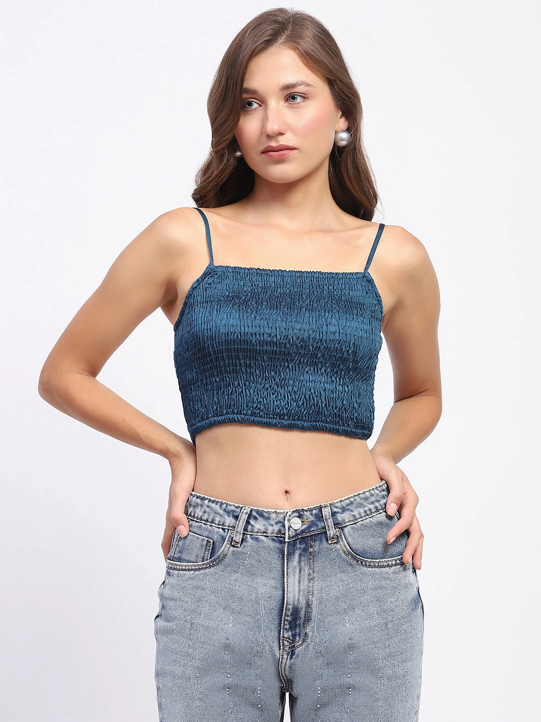 All Purpose Weave Design Madame Embellished Collar Front Tie Crop Shirt