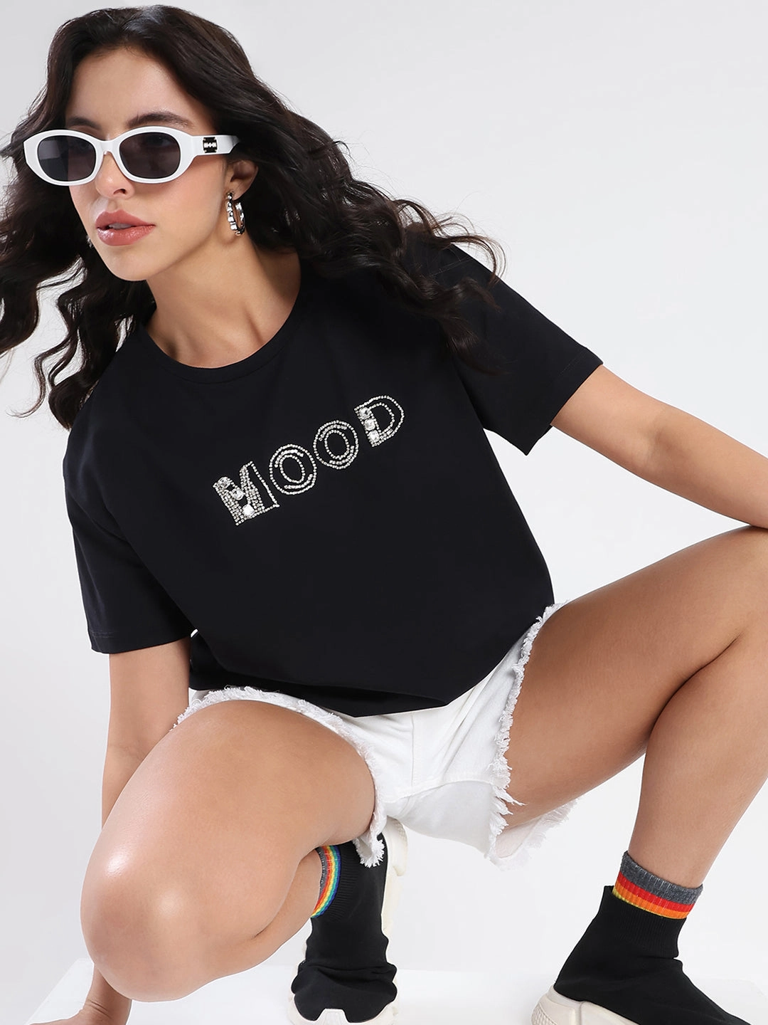 Stretch waistband Stylish and Comfortable Madame Embellished Pocket Typography Black Cotton T-shirt