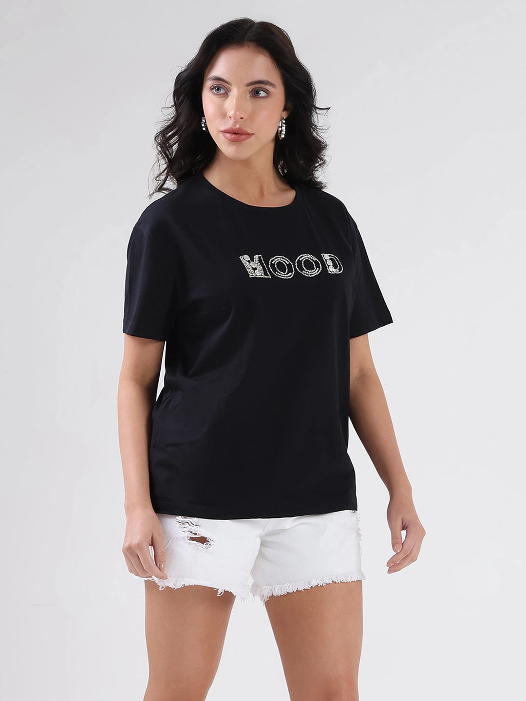 Casual Chic Madame Embellished Pocket Typography Black Cotton T-shirt