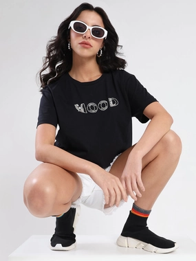 Comfortable Madame Embellished Pocket Typography Black Cotton T-shirt