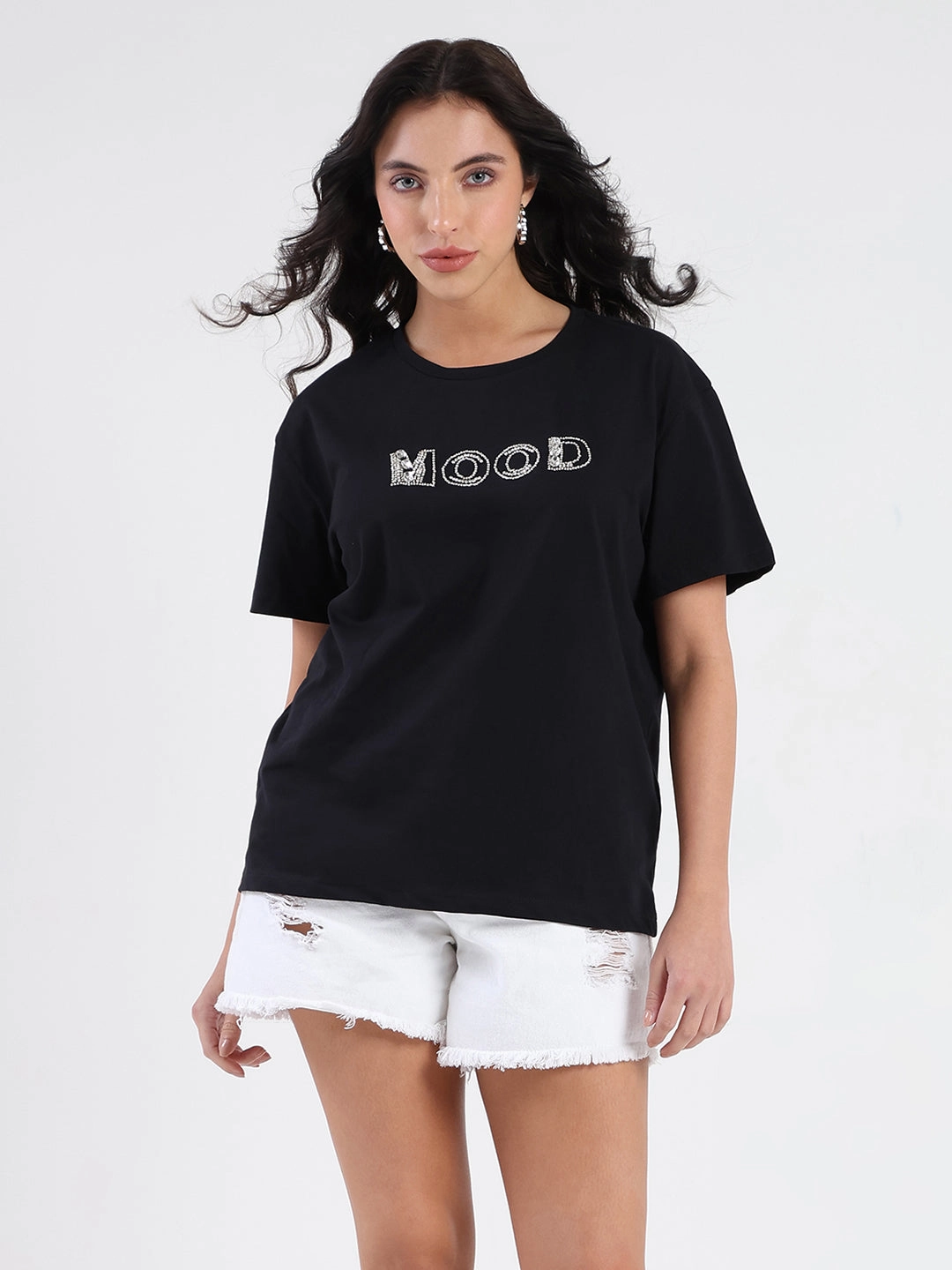 Customer Favorite sporty wear Madame Embellished Pocket Typography Black Cotton T-shirt