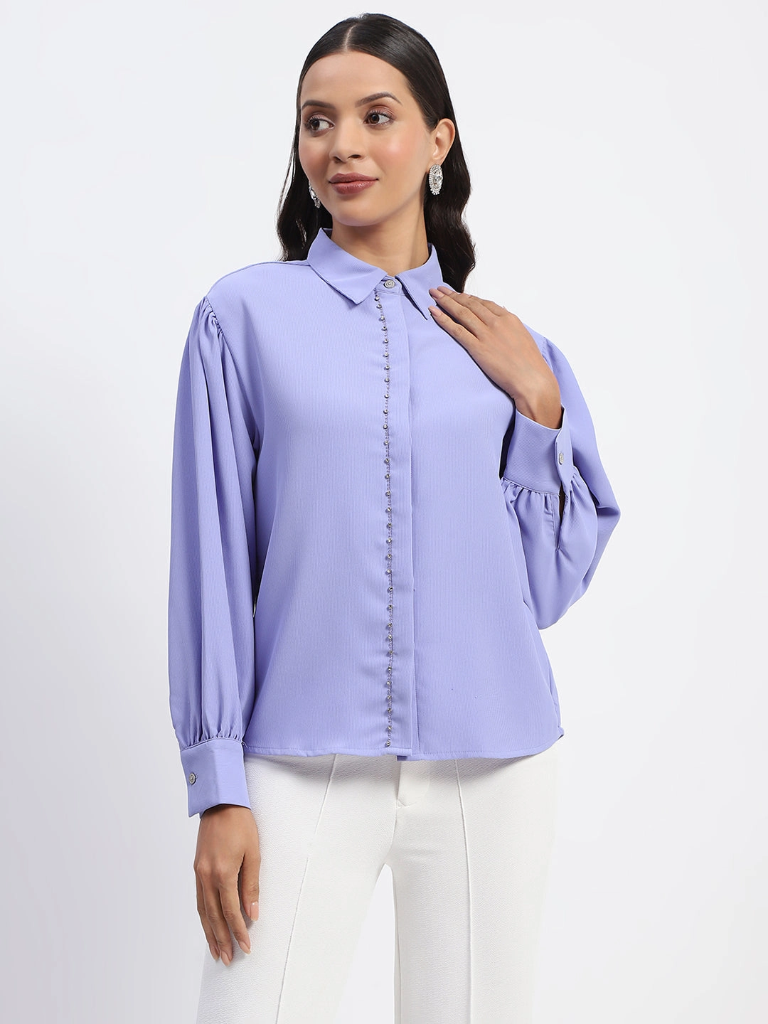 Versatile Fit Breathable Material Madame Embellished Solid Mauve Shirt