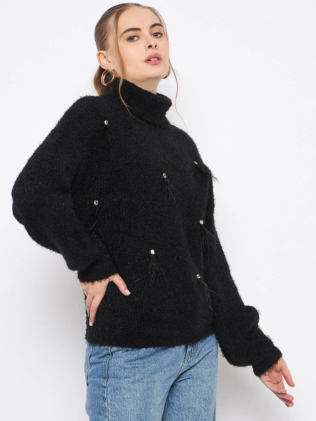 Madame Embellished Turtleneck Black Sweater Side Slit Design Light Layers
