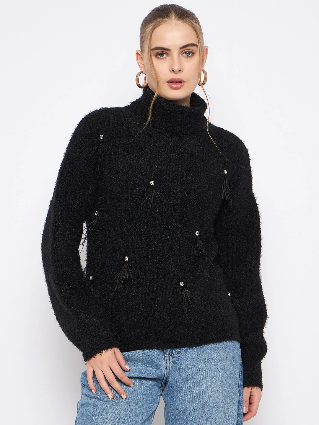 Lightweight Design Madame Embellished Turtleneck Black Sweater