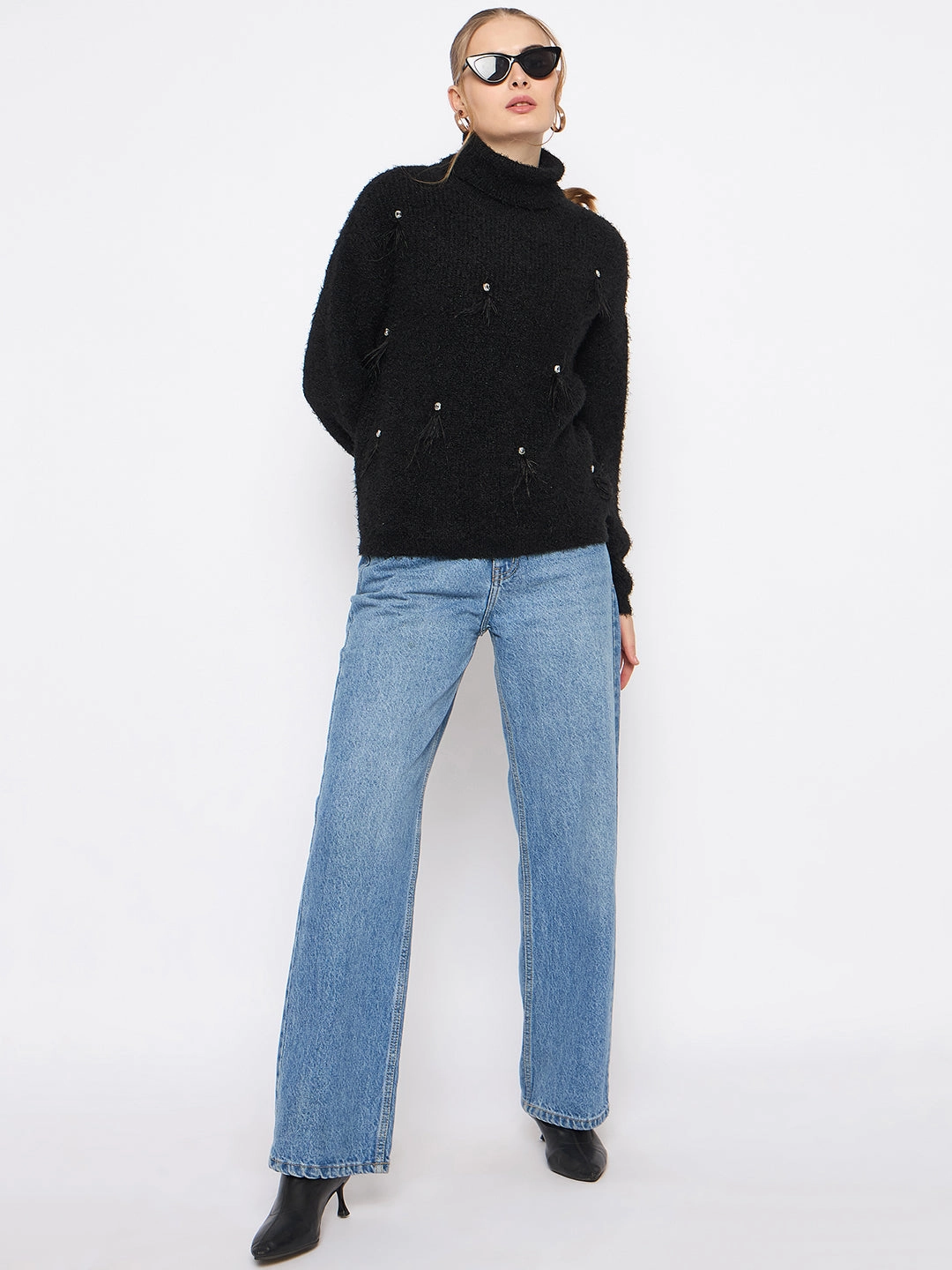 Wrinkle Free Material Madame Embellished Turtleneck Black Sweater