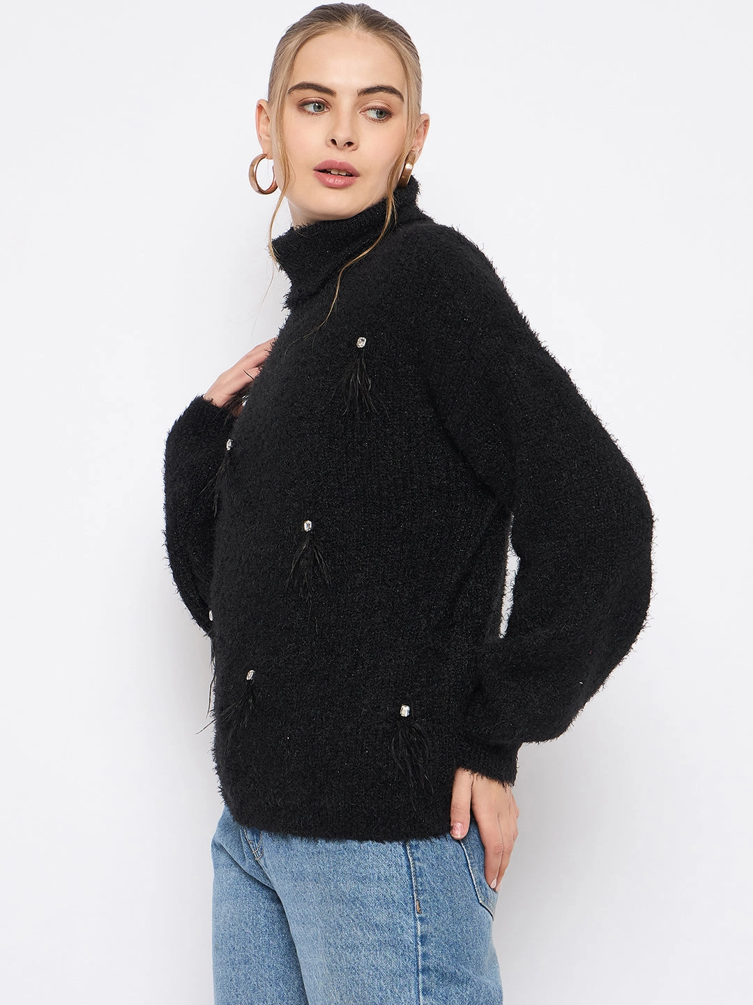 Madame Embellished Turtleneck Black Sweater Casual Layers Eco Friendly Yarn Blend