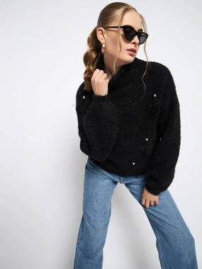 Madame Embellished Turtleneck Black Sweater Comfy Material Moisture Wicking Fabric