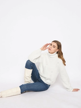 Effortless Fashion Madame Embellished Turtleneck Off White Sweater
