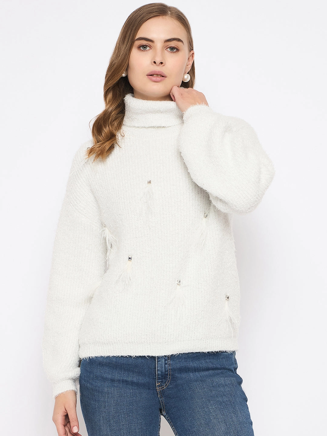 Madame Embellished Turtleneck Off White Sweater Allergen Free Processing
