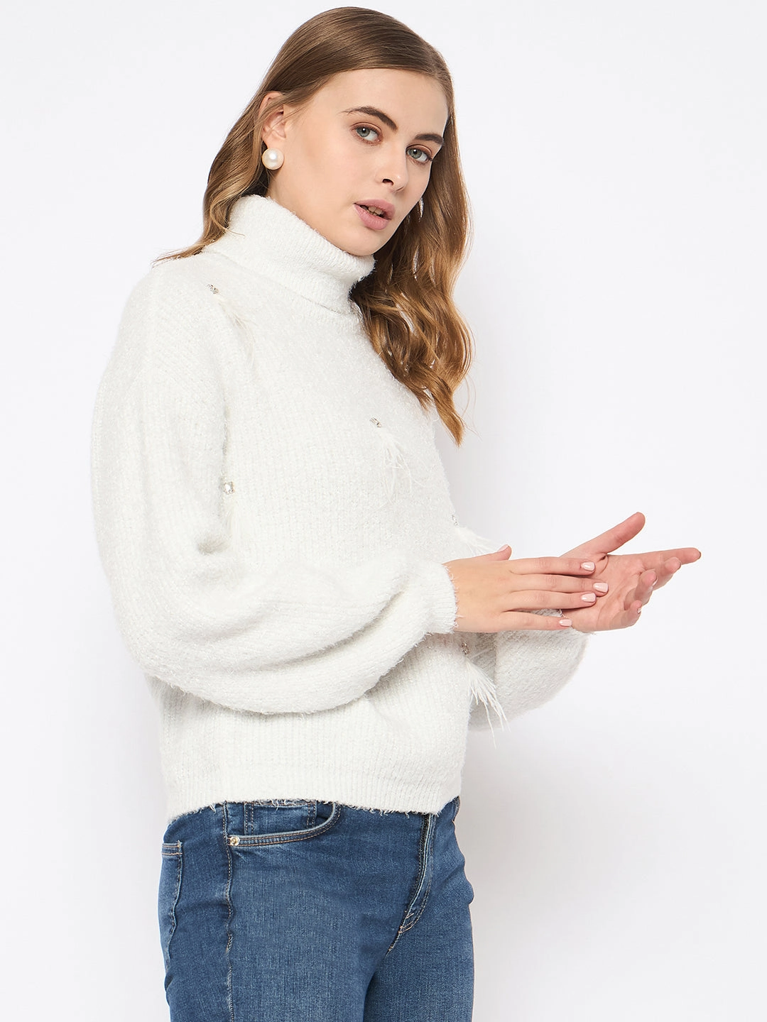 Comfy Layering Comfortable knit piece Madame Embellished Turtleneck Off White Sweater