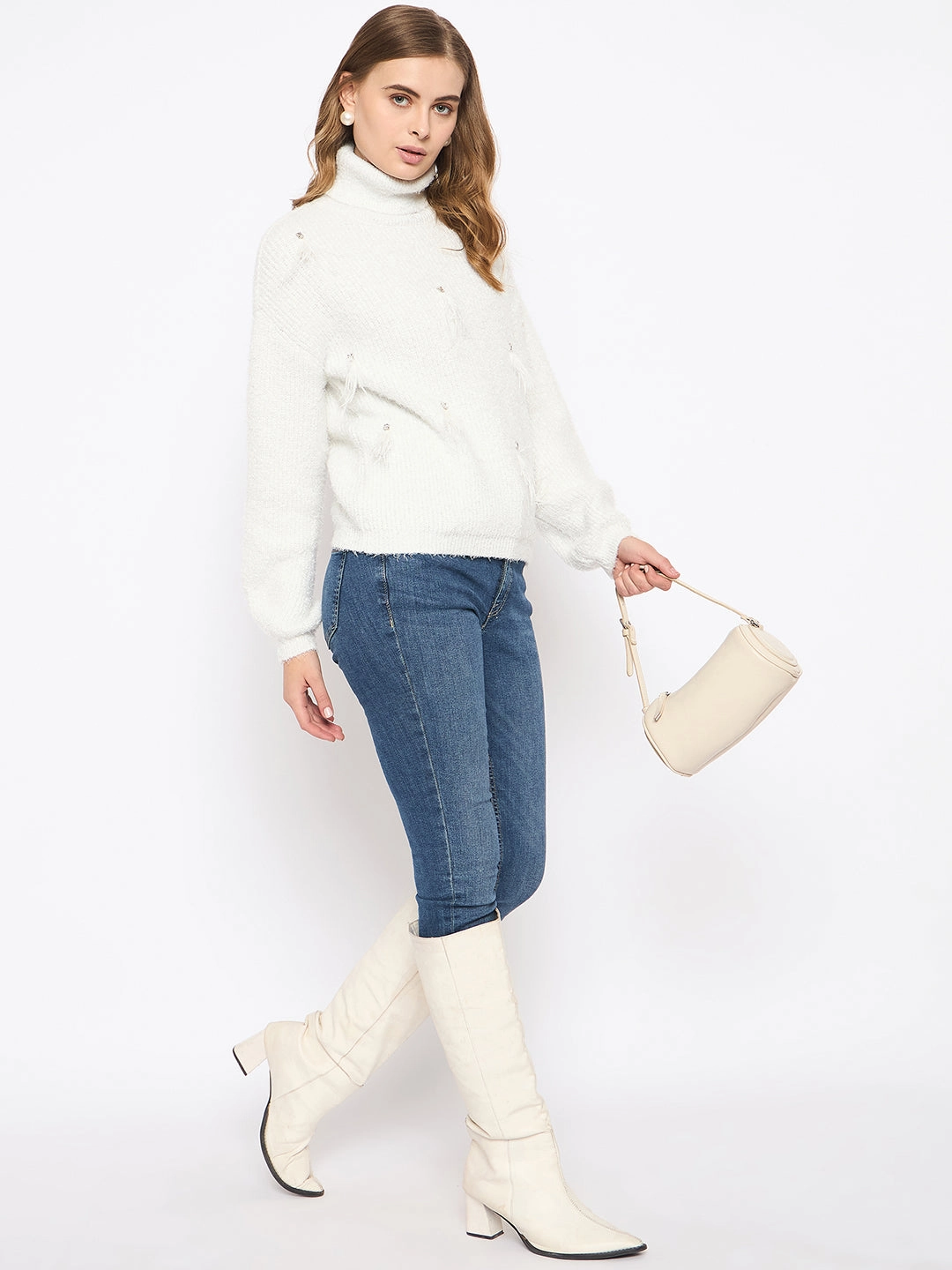 Madame Embellished Turtleneck Off White Sweater Comfy Layered Wear Casual Design