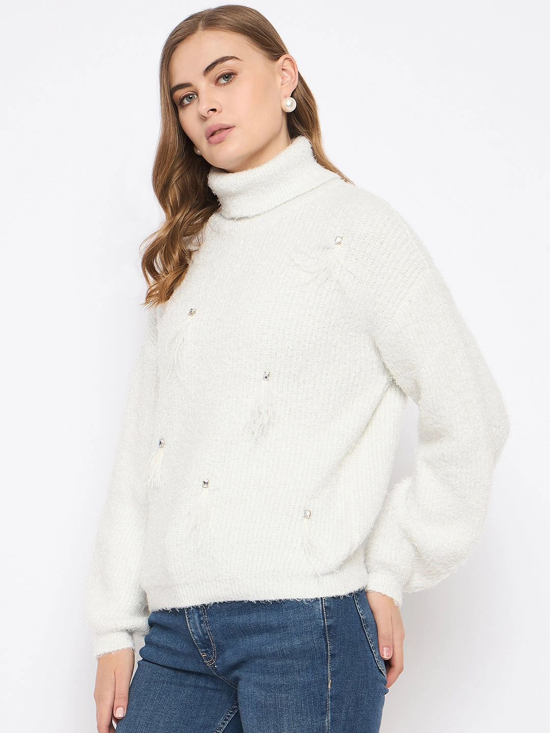 Madame Embellished Turtleneck Off White Sweater Comfy Knit Fashionable Look