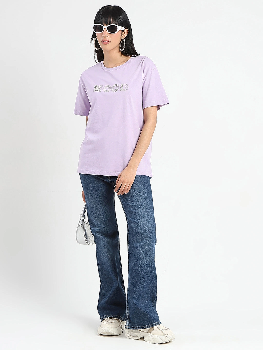 GentleWashResistance Comfortable Weave Madame Embellished Typography Lilac Cotton T-Shirt