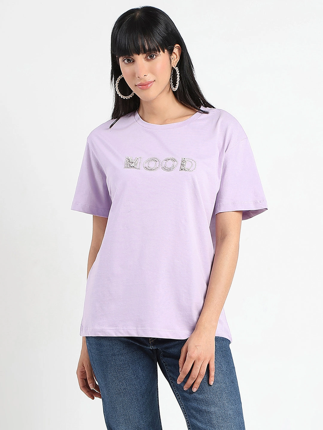 Breathable Fit Madame Embellished Typography Lilac Cotton T-Shirt