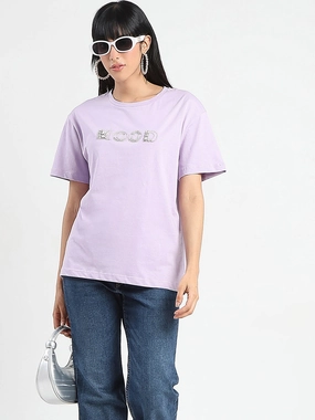 Breathable Waist Relaxed Style Madame Embellished Typography Lilac Cotton T-Shirt