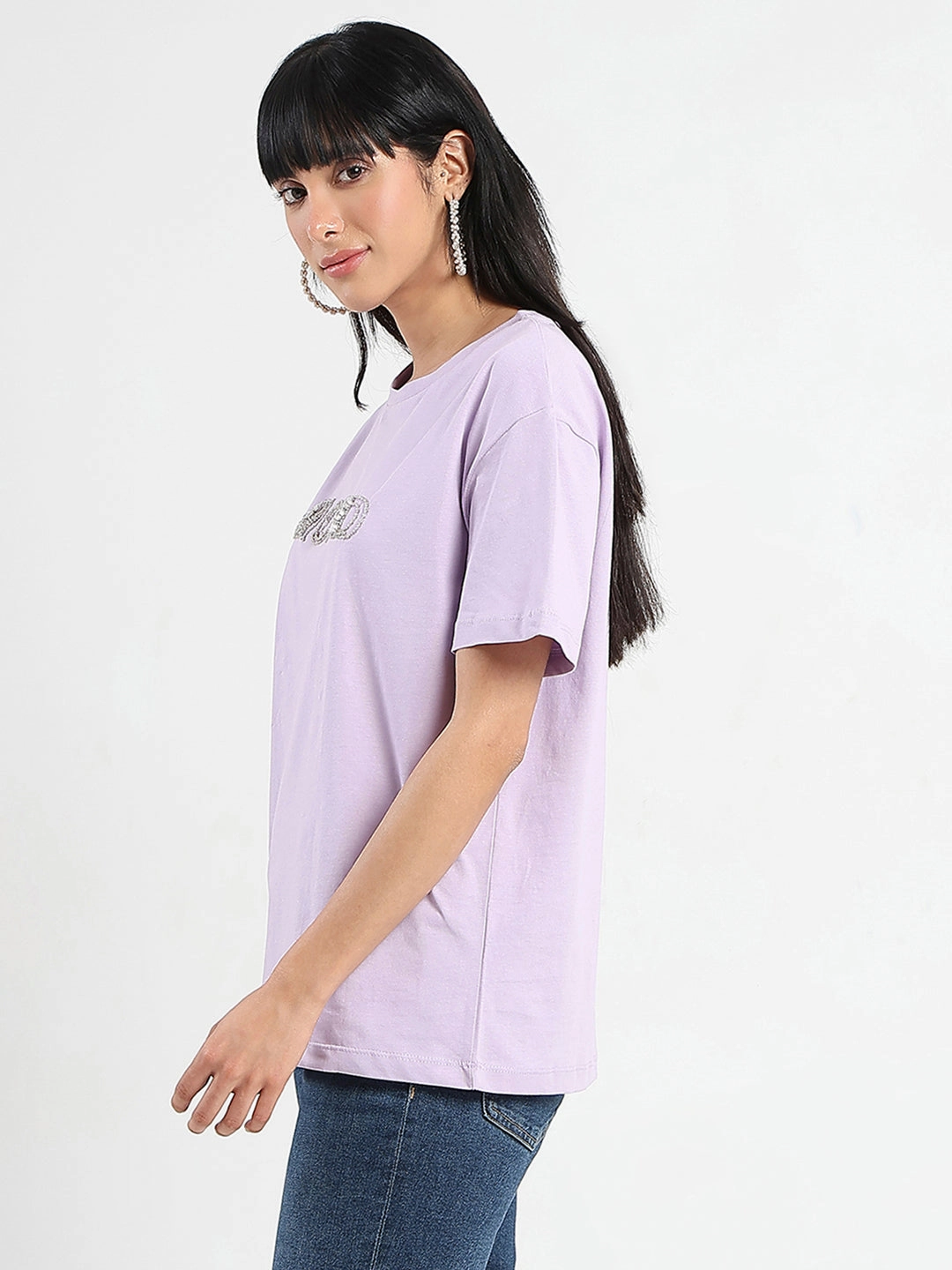 Madame Embellished Typography Lilac Cotton T-Shirt Essential Casual Reinforced Hems