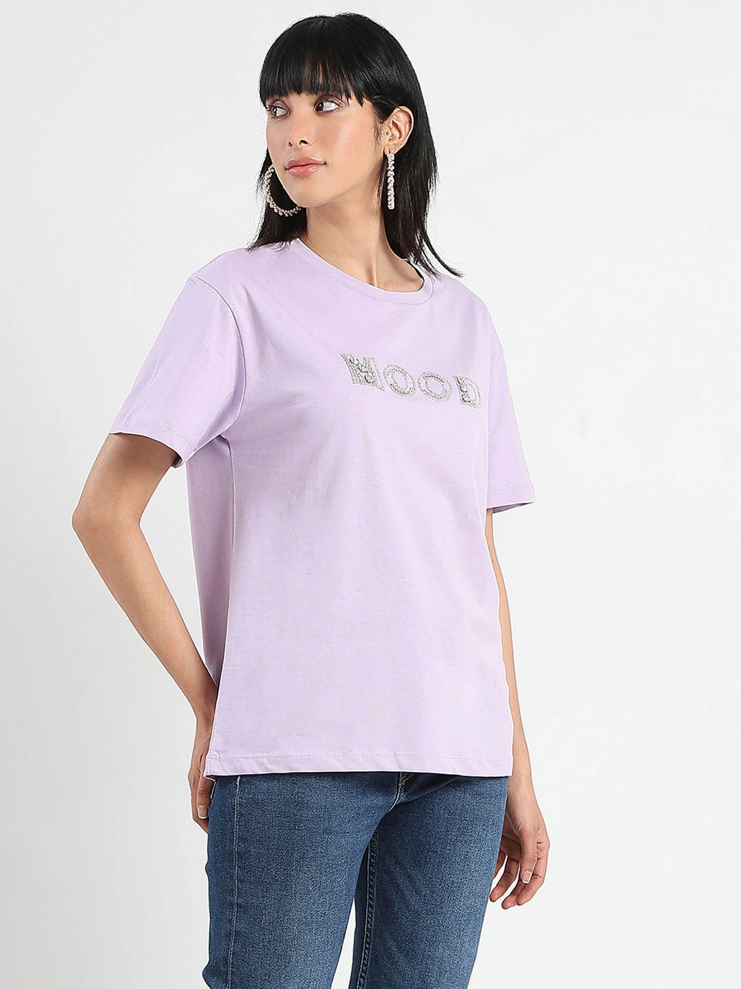 Active Layer Thermal Regulation Layer Madame Embellished Typography Lilac Cotton T-Shirt
