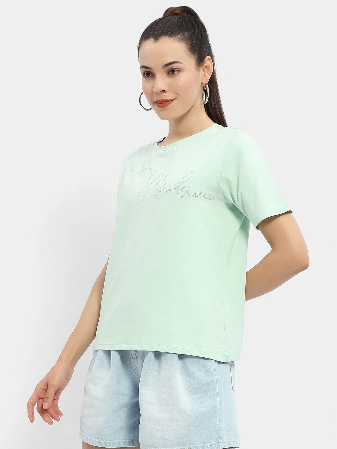 Madame Embellished Typography Mint Regular T-Shirt Sleep